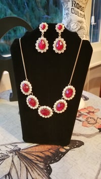 Image 1 of Gold Tone Ruby Simulated Crystal Stones Necklace & Earring Set