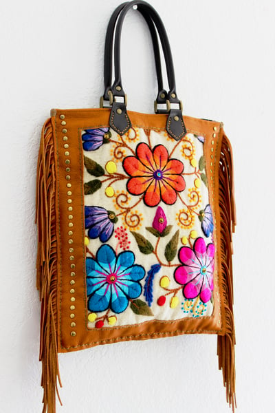 Image of Handcrafted Floral Fringe Tan Tote