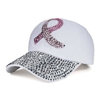 Image 1 of Rhinestone Bling Adjustable Pink Ribbon Breast Cancer Awareness Cap