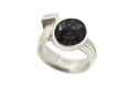 Strata ring, oval black tourmaline quartz  in silver with interlaced cubes