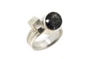 Strata ring, oval black tourmaline quartz  in silver with interlaced cubes