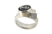 Image 1 of Strata ring, oval black tourmaline quartz  in silver with interlaced cubes