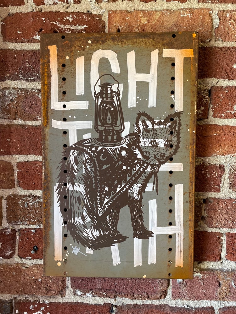 Image of Light the Path with Graffiti Background on Reclaimed Metal