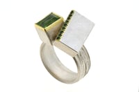 Image 2 of Strata ring, Tourmaline and Tsavorite garnets set in interlacing cube. 18ct and sterling silver