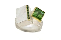 Image 3 of Strata ring, Tourmaline and Tsavorite garnets set in interlacing cube. 18ct and sterling silver
