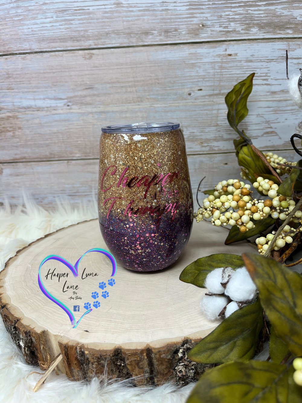 Image of Cheaper than Therapy Gold and  Purple 14 oz Wine Tumbler 