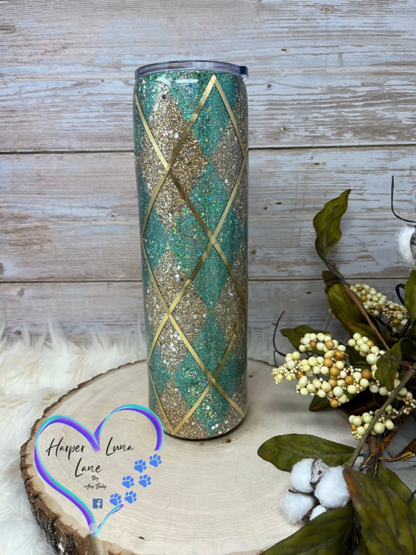 Image of 32oz Teal and Gold Argyle Tumbler