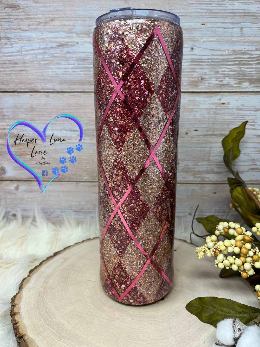Image of 32oz Rose Gold and Red Argyle Tumbler