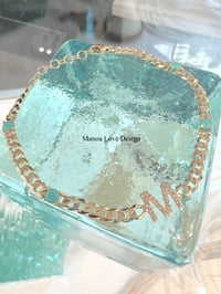 Image 1 of 14k sold gold Cuban link turquoise  initial diamond bracelet 