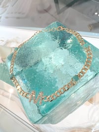 Image 2 of 14k sold gold Cuban link turquoise  initial diamond bracelet 