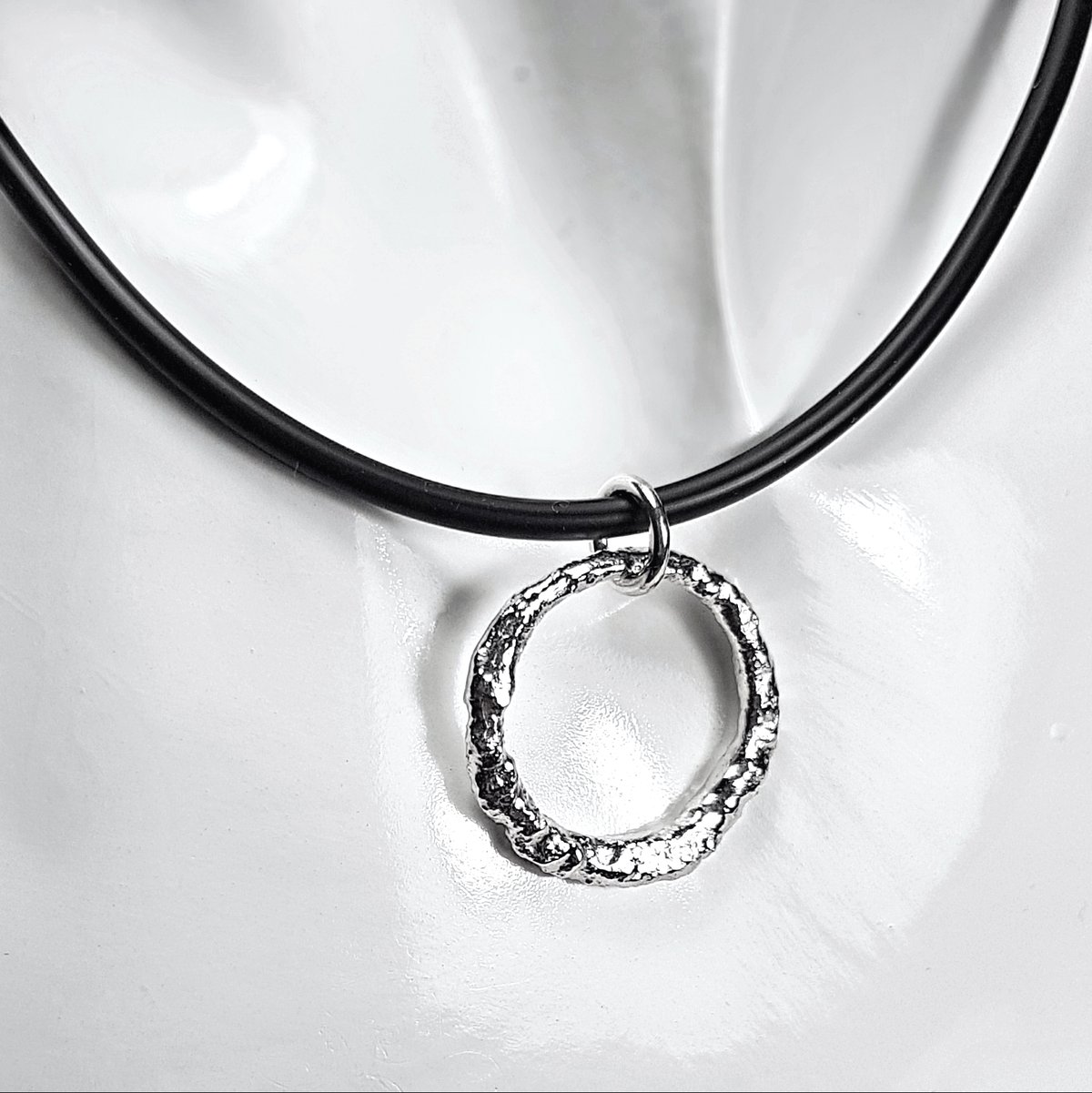 Image of Chunky Silver Circle Pendant, Molten Sterling Silver Statement Pendant with Rubber Necklace