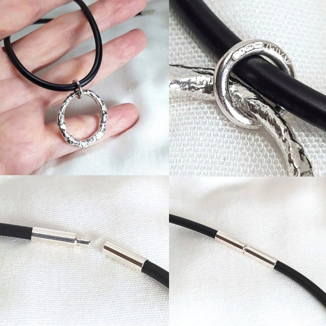 Image of Chunky Silver Circle Pendant, Molten Sterling Silver Statement Pendant with Rubber Necklace