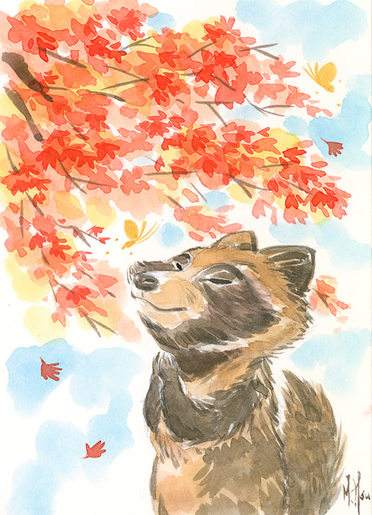 Maple Wishes - Raccoon Dog 1/1 original painting