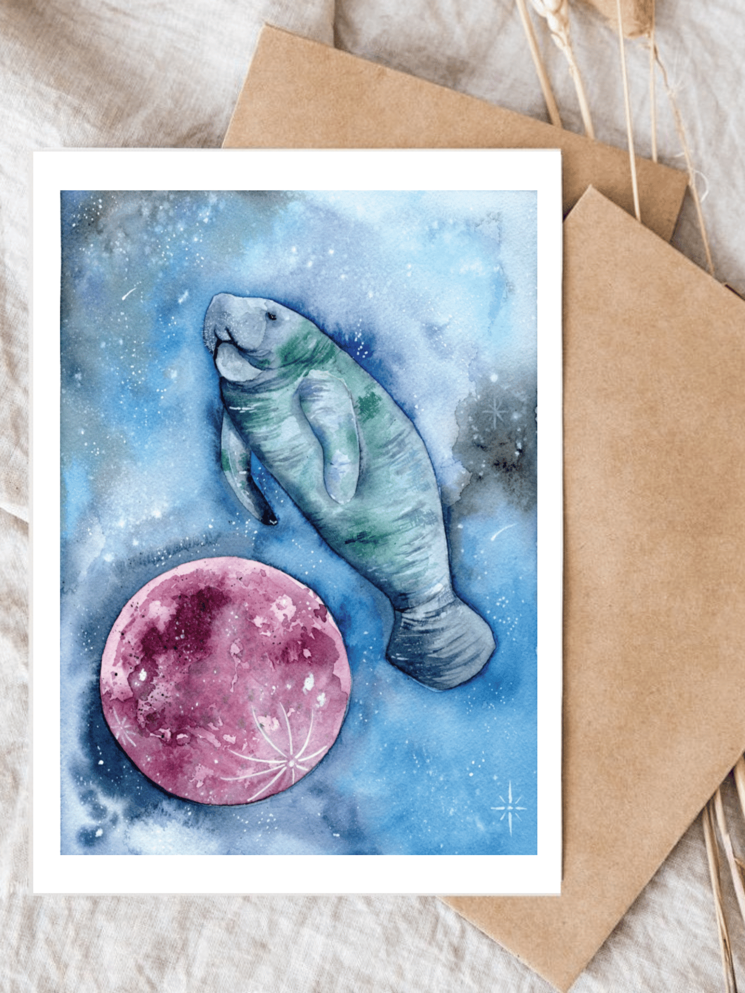 Image of Manatee over the moon watercolor illustration print
