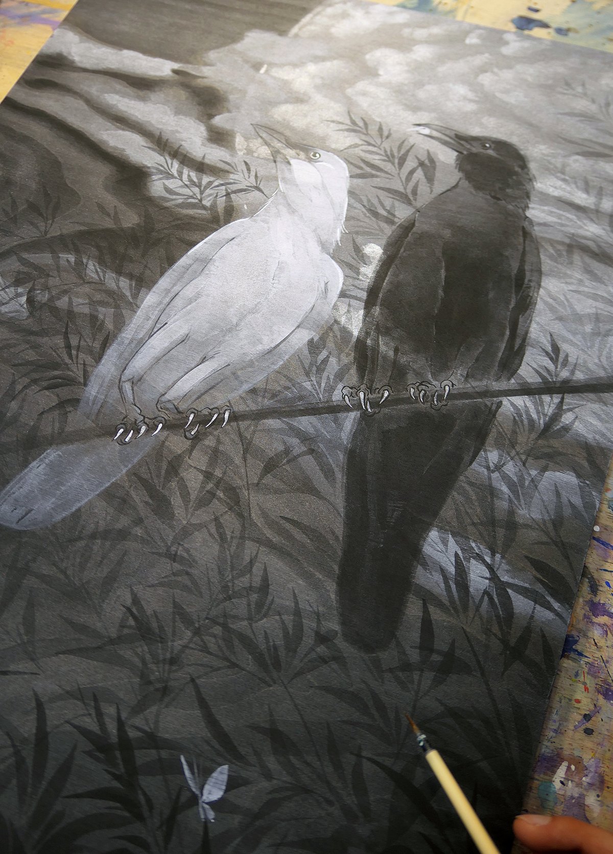 'Crows and Silver Moon' Artist-Embellished LTD Canvas Print