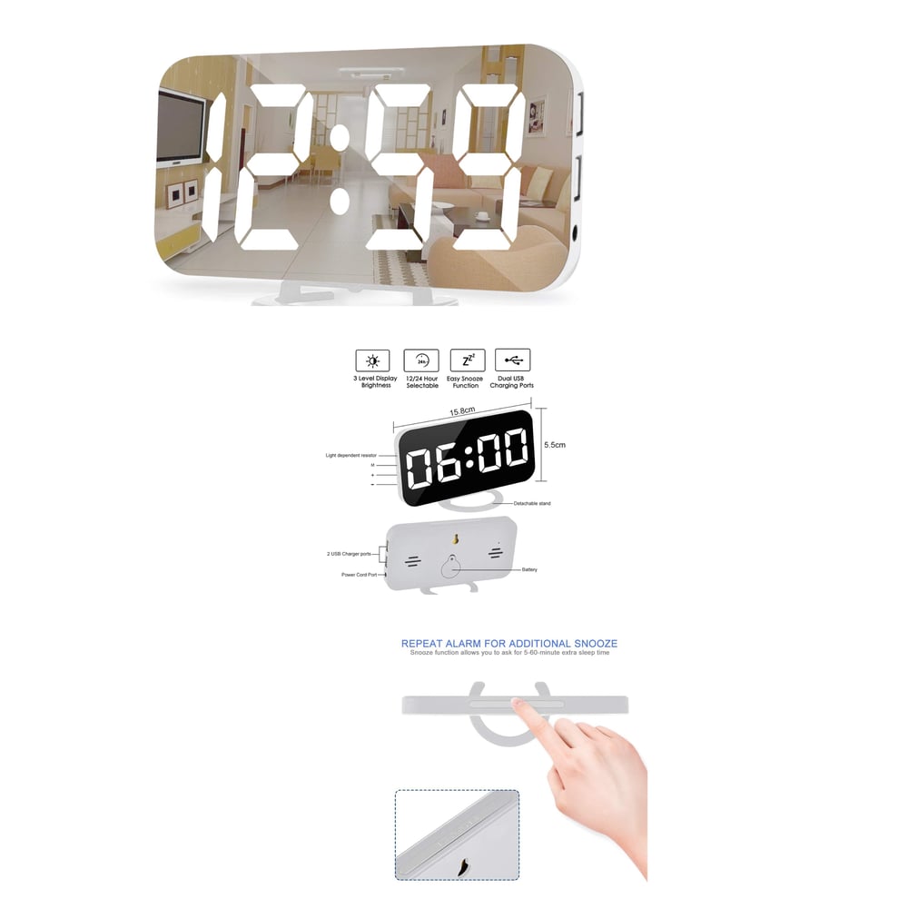 Image of Digital Alarm Clock,6.5 Inch Large Display LED Mirror 