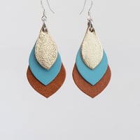 Image 1 of  Australian leather teardrop earrings - Gold, blue, brown [TBG-088]