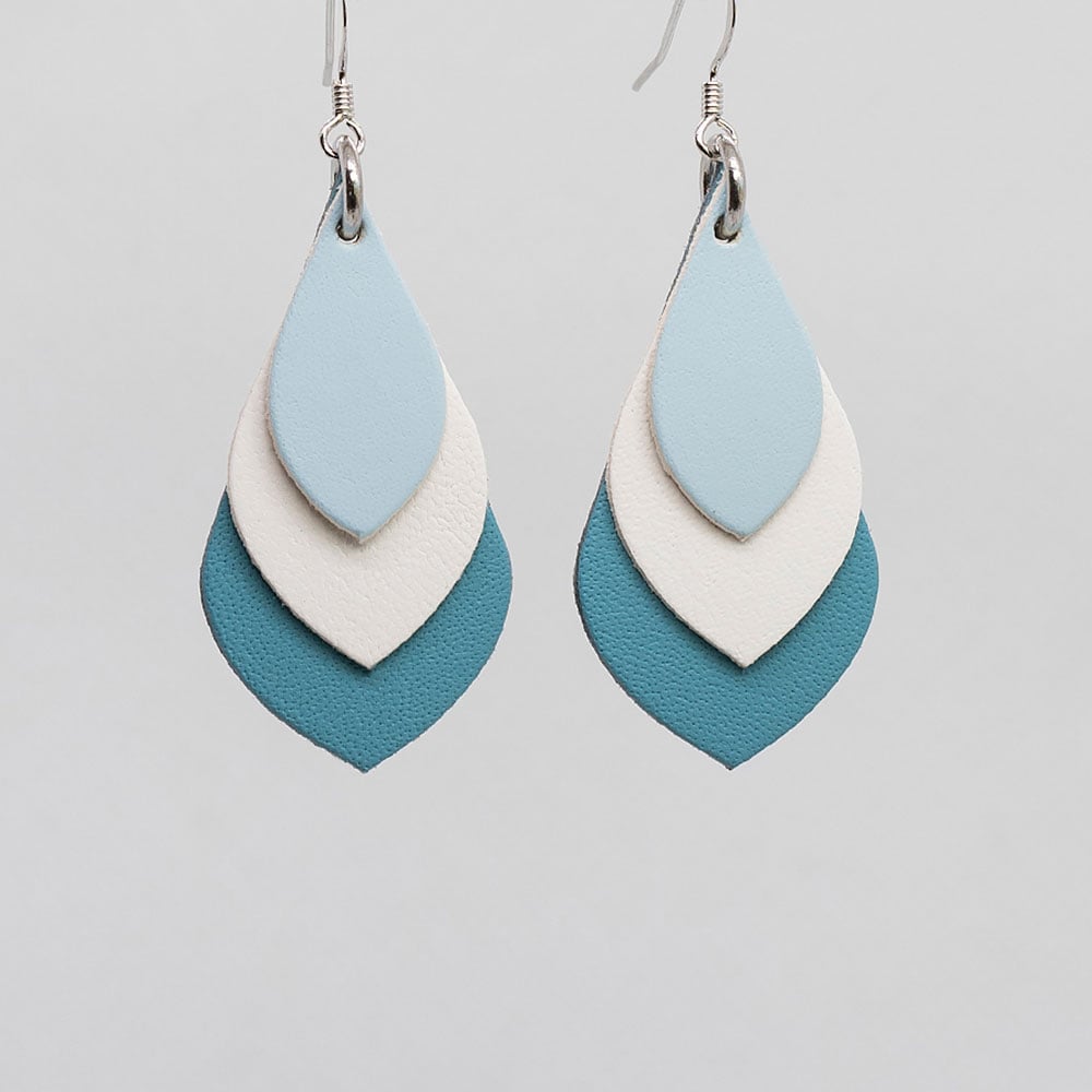 Image of Australian leather teardrop earrings - Powder blue, white, blue [TBL-042]