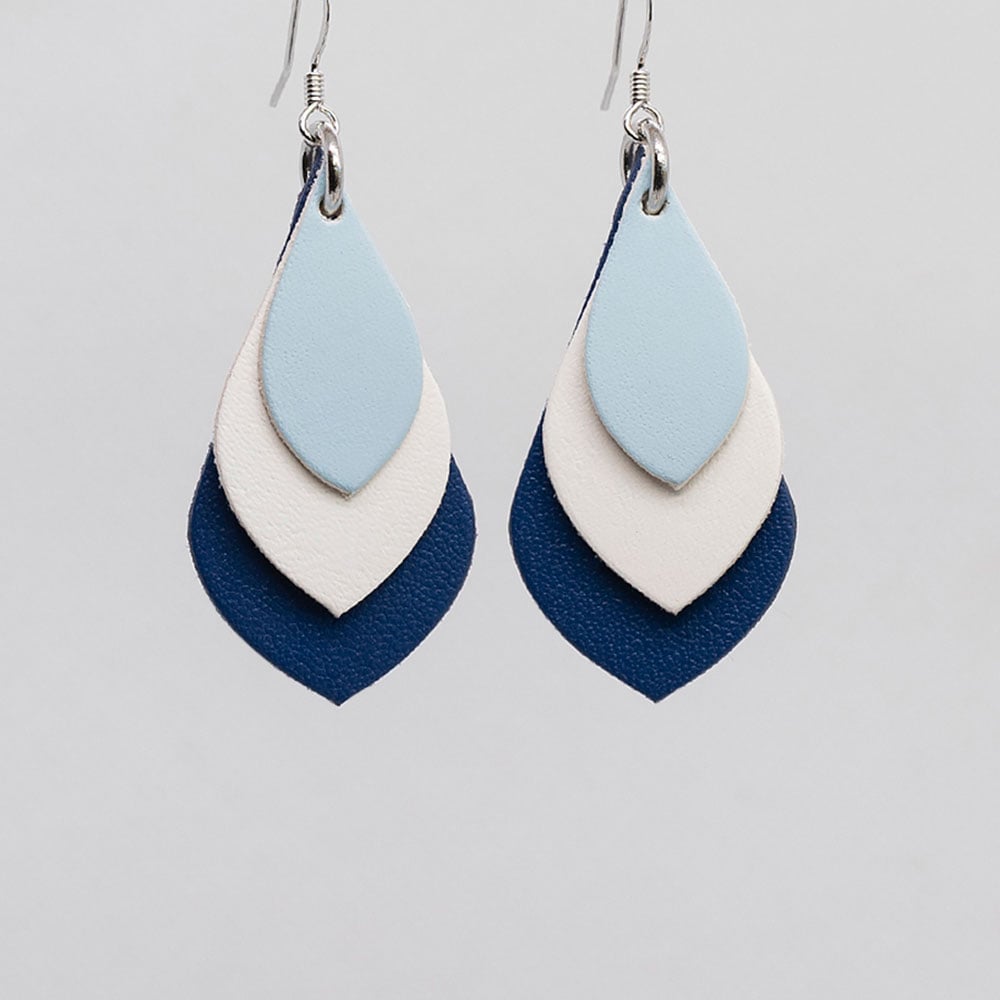 Image of Australian leather teardrop earrings - Powder blue, white, navy [TBL-038]