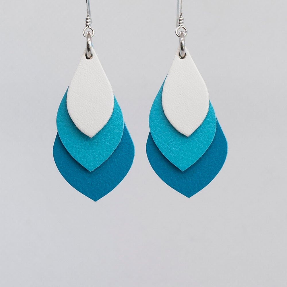 Image of Australian leather teardrop earrings - White, turquoise blue, deep blue [TBL-026]