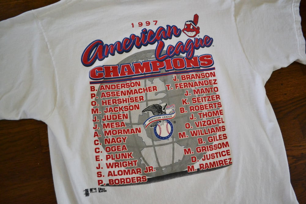 Image of Vintage 1997 Cleveland Indians AL Champions Pro Player Caricature T-Shirt Sz.L