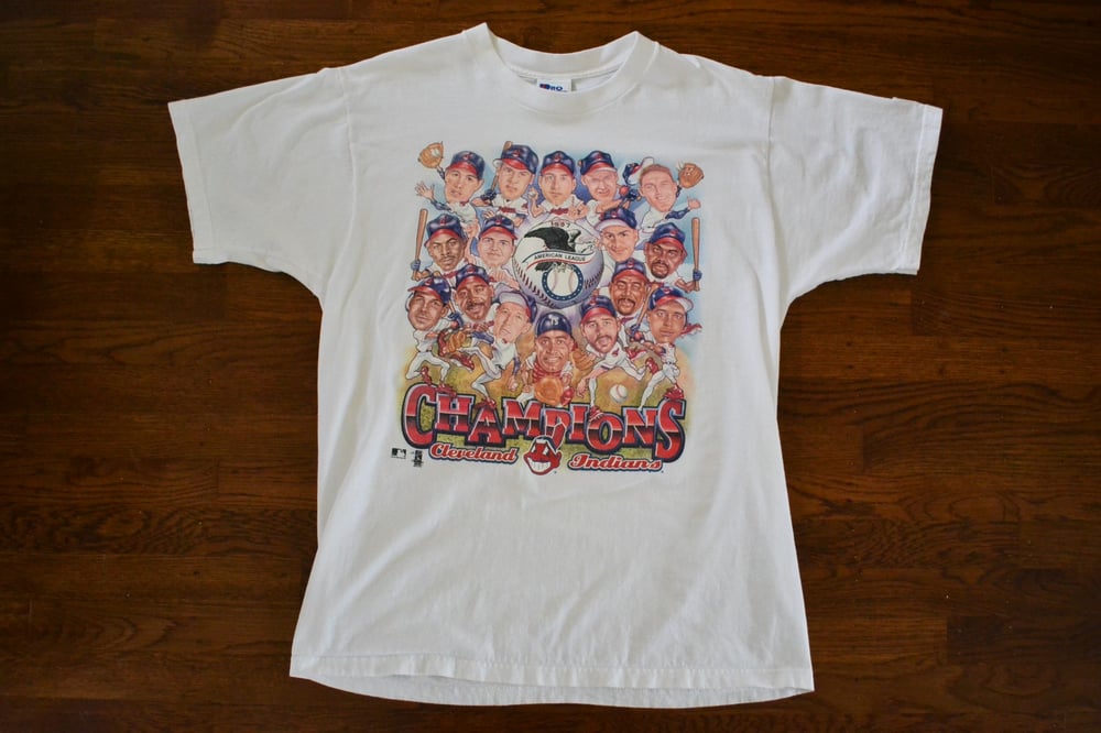 Image of Vintage 1997 Cleveland Indians AL Champions Pro Player Caricature T-Shirt Sz.L