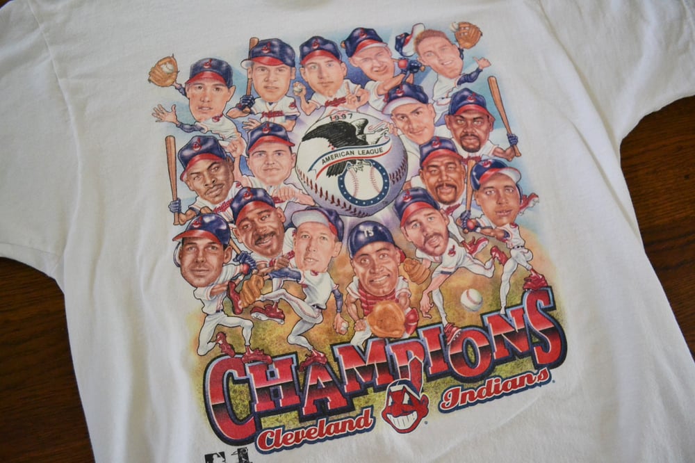 Image of Vintage 1997 Cleveland Indians AL Champions Pro Player Caricature T-Shirt Sz.L