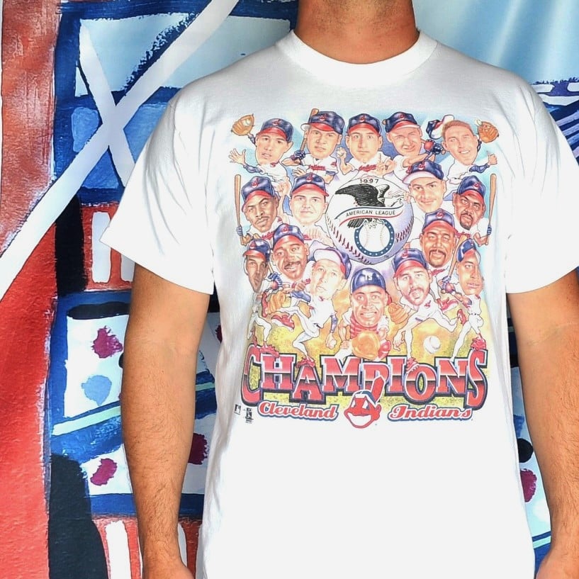 Image of Vintage 1997 Cleveland Indians AL Champions Pro Player Caricature T-Shirt Sz.L