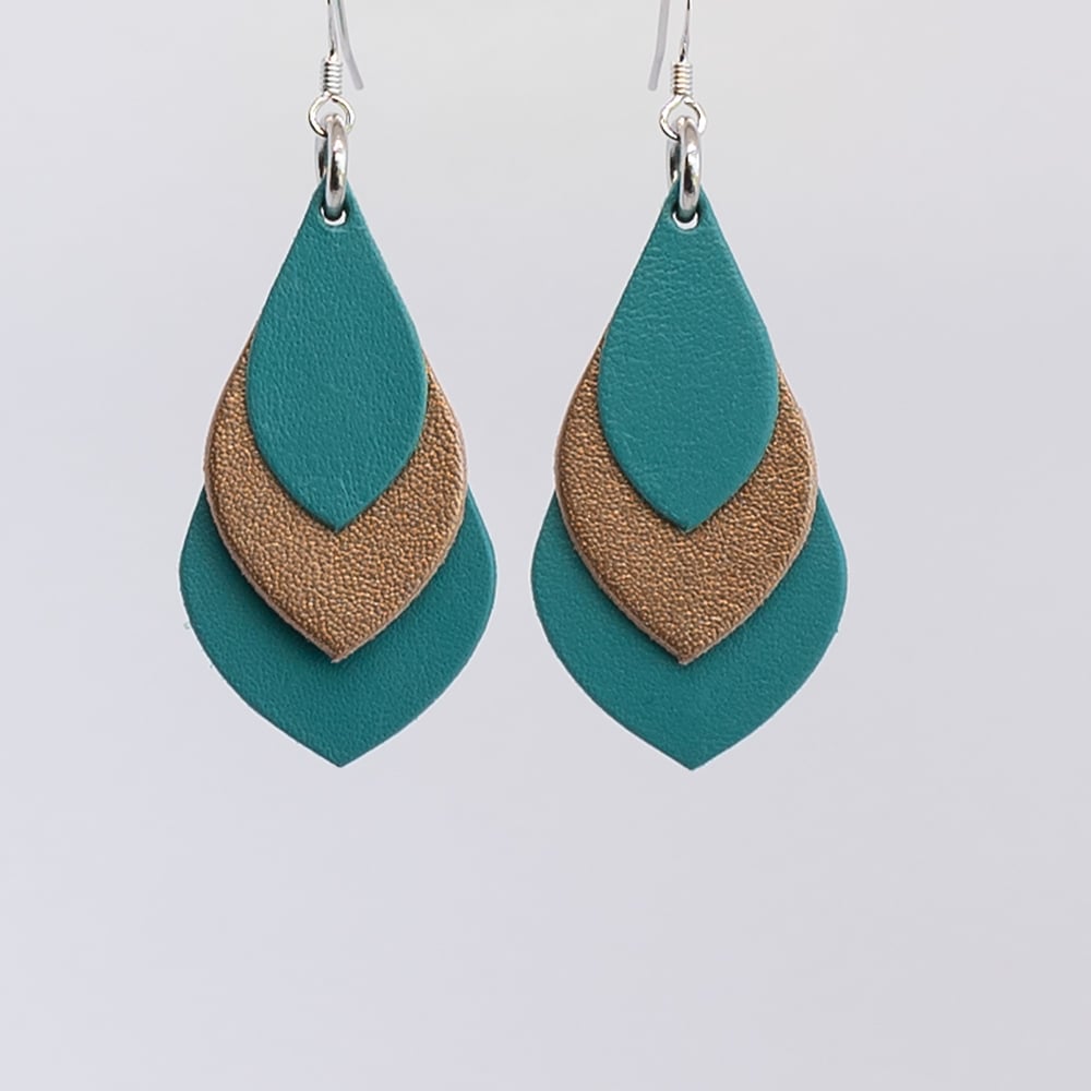 Image of Australian leather teardrop earrings - Teal green and matte rose gold [TGT-030]