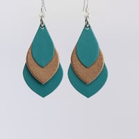 Image 1 of Australian leather teardrop earrings - Teal green and matte rose gold [TGT-030]