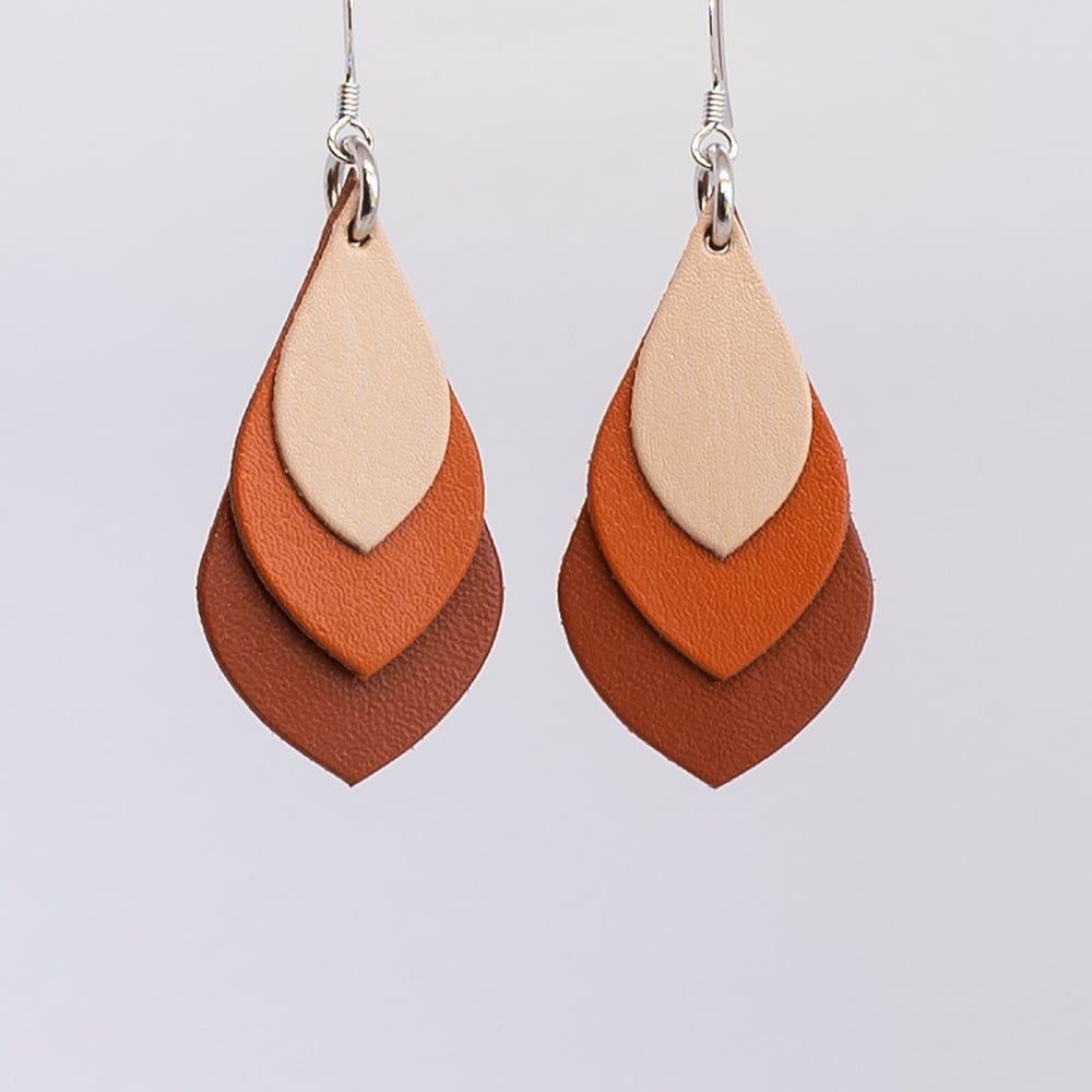 Image of Australian leather teardrop earrings - Beige, warm orange, saddle tan [TOR-020]