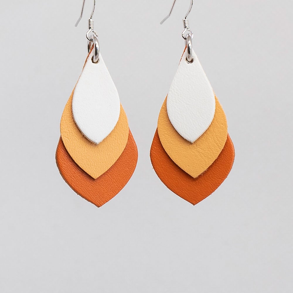 Image of Australian leather teardrop earrings - White, soft apricot, warm orange [TOR-028]