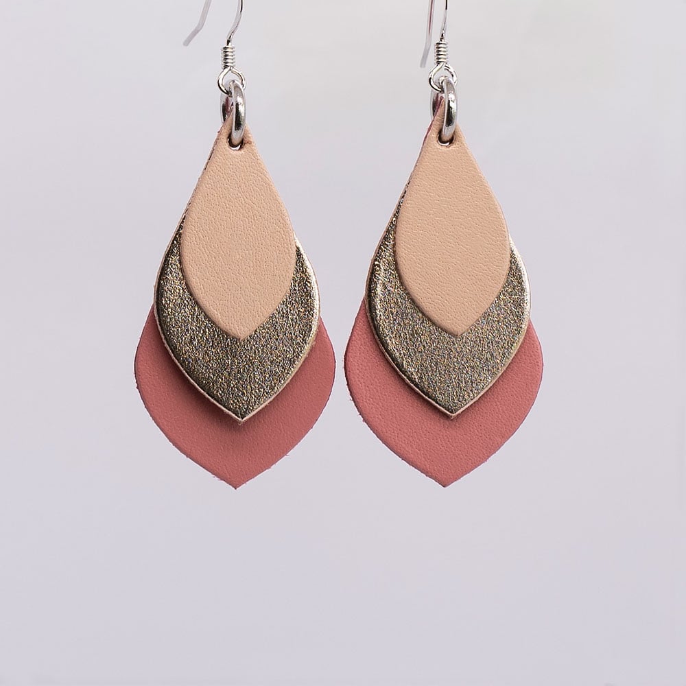 Image of Australian made leather teardrop earrings - Beige, rose gold, warm pink [TMP-008]