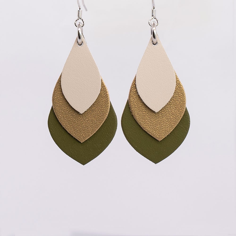 Image of Australian leather teardrop earrings - Soft portobello, matte gold, olive [TGG-067]