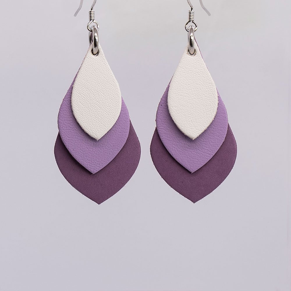 Image of Australian leather teardrop earrings - White, lilac, purple [TPP-022]