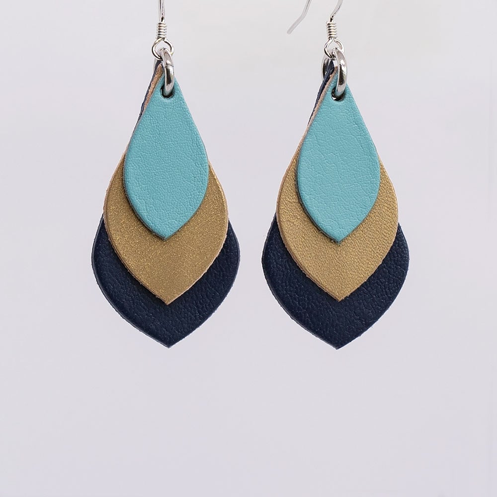 Image of Australian leather teardrop earrings - Blue, matte gold, dark navy [TMB-030]