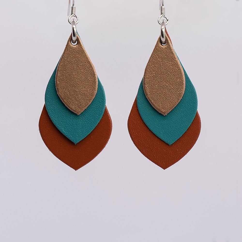 Image of Australian leather teardrop earrings - Matte gold, teal green, saddle tan [TGG-078]