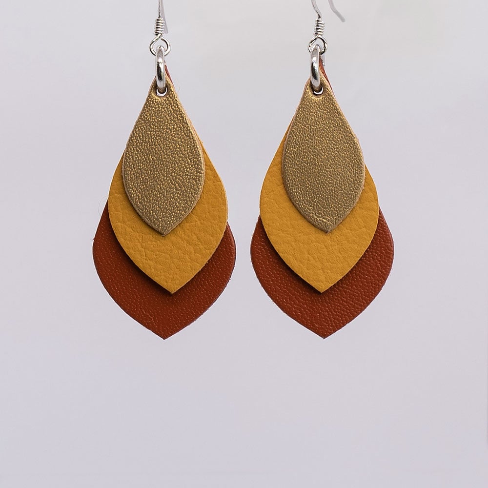 Image of Australian leather teardrop earrings - Matte gold, ochre yellow, saddle tan [TYG-060]