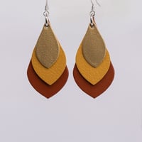Image 1 of Australian leather teardrop earrings - Matte gold, ochre yellow, saddle tan [TYG-060]