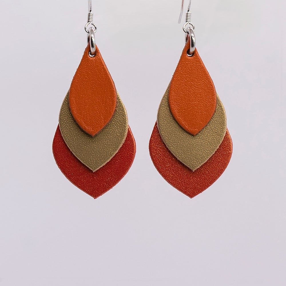 Image of Australian leather teardrop earrings - Warm orange, matte gold, orange shimmer [TOG-064]
