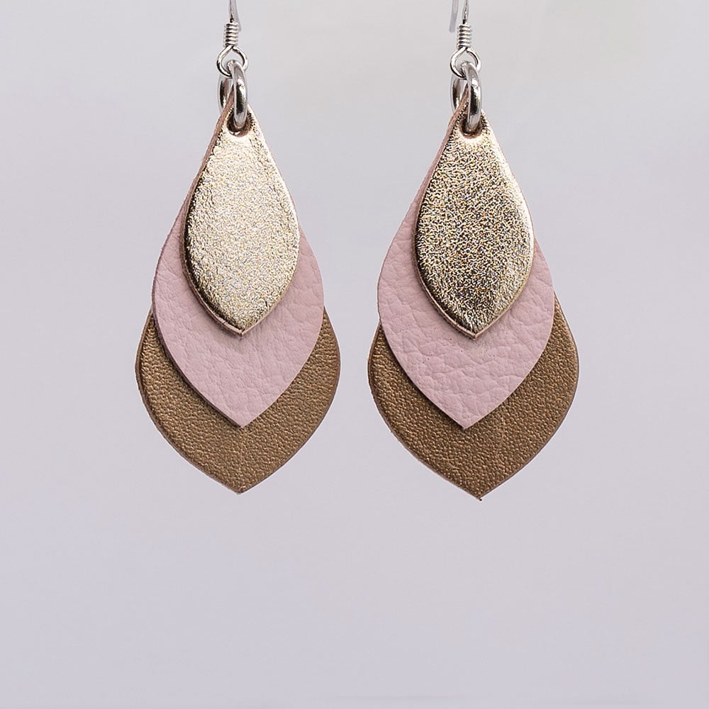 Image of Australian leather teardrop earrings - Rose golds and soft pink [TMP-052]