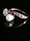 FRENCH EDWARDIAN 18CT ROSE GOLD NATURAL PEARL OLD CUT DIAMOND TOI ET MOI RING