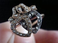 Image 2 of Victorian 18ct yellow gold rose cut diamond pearl double heart sweetheart ring