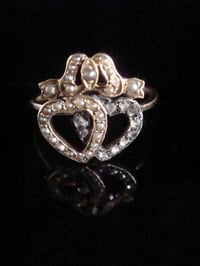 Image 1 of Victorian 18ct yellow gold rose cut diamond pearl double heart sweetheart ring