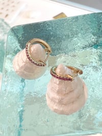 Image 2 of 14k solid gold ruby hoop earrings 