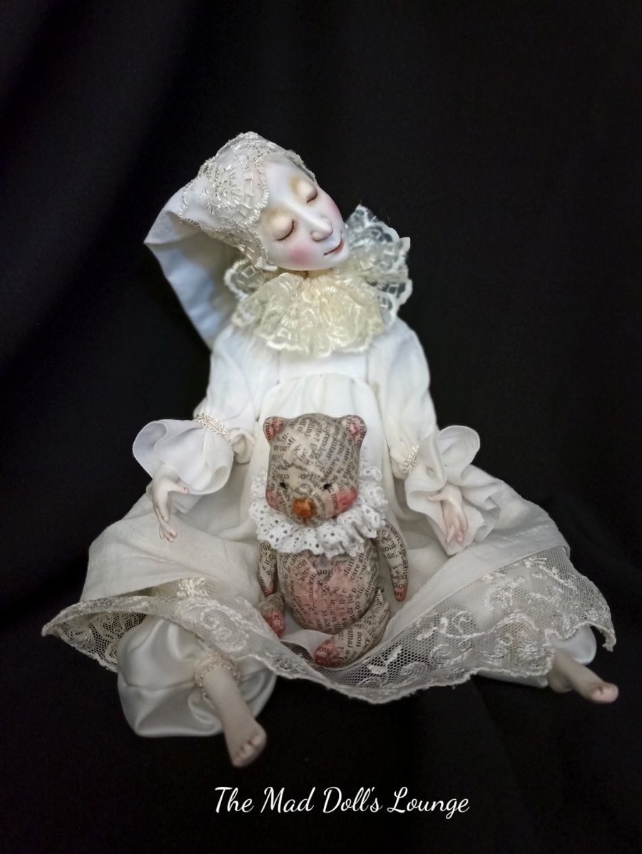 Image of OOAK Art Doll " Lullaby" with teddy bear 13.7 inches long (35cm) - dreamy and sweet character