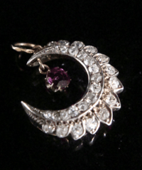Image 3 of Victorian 18ct yellow gold Platinum Ruby and Diamond Crescent pendant
