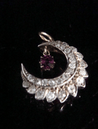 Image 1 of Victorian 18ct yellow gold Platinum Ruby and Diamond Crescent pendant