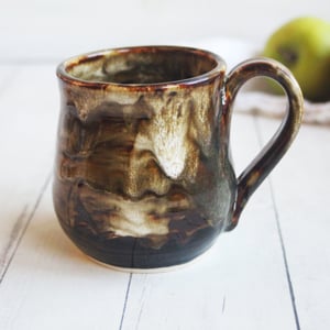 Image of Handmade Pottery Mug in Brown, Black and Melting Marshmallow Glazes, 16 Ounce Coffee Cup Made in USA