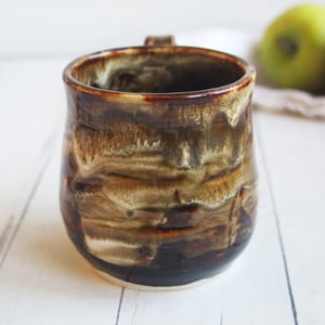 Image of Handmade Pottery Mug in Brown, Black and Melting Marshmallow Glazes, 16 Ounce Coffee Cup Made in USA